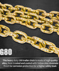 Heavy Duty Load Binder Chain Three Eighths Inch By Ten Foot With G70 Hooks, 5400 Lbs Safe Working Load, gold G80 chain close-up
