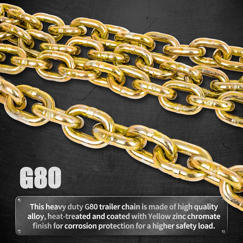 Heavy Duty Load Binder Chain Three Eighths Inch By Ten Foot With G70 Hooks, 5400 Lbs Safe Working Load, gold G80 chain close-up