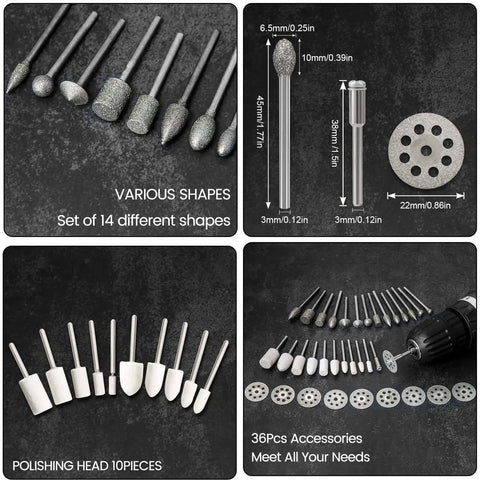 Pro Grade Diamond Burr Set For Rotary Tool Grinding And Engraving, 36 Piece Diamond Mounted Bits With Various Shapes And Sizes