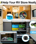 Interior of RV with neatly organized RV Storage And Organization Bags 4 Pack Black Blue Yellow Green Waterproof Organizer For Sewer Hoses Fresh And Waste Water Hoses And Electrical Cords.