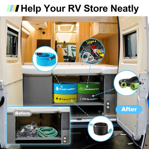Interior of RV with neatly organized RV Storage And Organization Bags 4 Pack Black Blue Yellow Green Waterproof Organizer For Sewer Hoses Fresh And Waste Water Hoses And Electrical Cords.