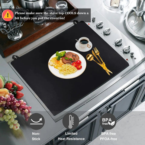 Glass Stove Top Cover That Adds Solid Heat Resistant Protection For Your Large Electric Cooktop with food and utensils