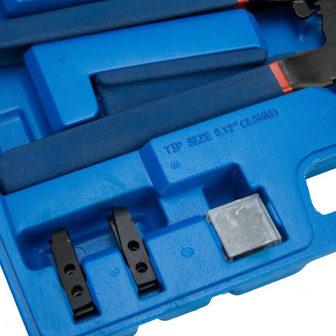 Close-up of Heavy Duty 16 Inch Snap Ring Pliers Set in blue case with interchangeable tips for internal and external rings.