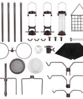Components of Six Hook Outdoor Bird Feeding Station Kit with 94 Inch Heavy Duty Pole, four feeders, and 19 Inch metal squirrel baffle.