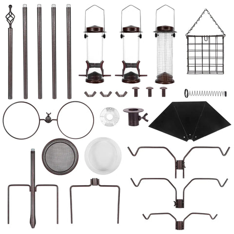 Components of Six Hook Outdoor Bird Feeding Station Kit with 94 Inch Heavy Duty Pole, four feeders, and 19 Inch metal squirrel baffle.