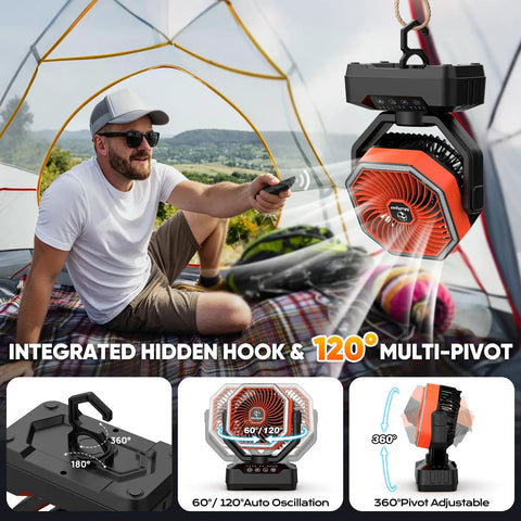 Man using remote for 20,000mAh Camping Fan With 70-Hour Runtime, Portable USB Power Bank in tent