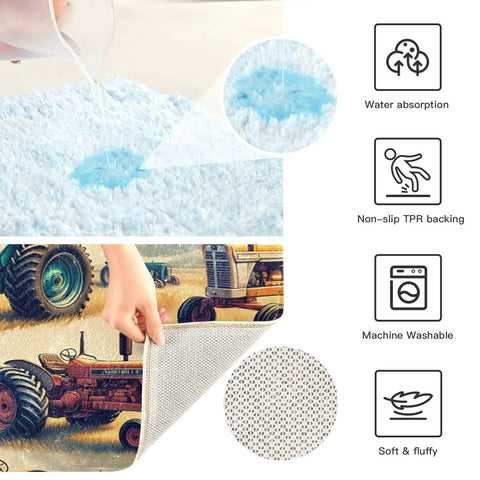 Vintage Farm Tractors U Shaped Toilet Rug Absorbent Non Slip Backing Quick Dry Machine Washable Plush Polyester Fiber 24x16 Inches
