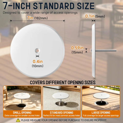 Dead Simple Install Solid 7 Inch Cleanout Cover Plate Bright White Powder Coated Steel Round Access Hole Cover Hides Stubborn Plumbing Drains And Keeps Walls Looking Darn Neat After Renovation Mess. Measurements display functionality.