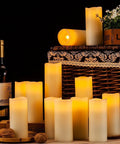 Flameless LED Candles Set Of 12 Ivory Real Wax Pillar Candles 2.2 Inch Diameter By 5 Inch Tall with warm glow on woven basket display