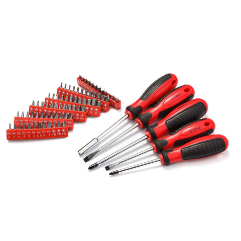 Screwdriver set with red handles and multi-size bits, ideal for home and auto repair. Part of 205 Piece Ratchet Wrench Tool Set.
