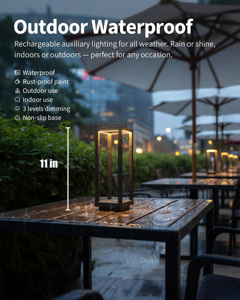 Cordless Waterproof Table Lamps Set of 2 Black Outdoor Go-To Rechargeable Desk Lamps with rain on patio table