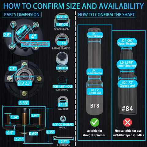 Diagram showing parts dimensions for 4 Bolt Trailer Hub Kit For 2000 Lb Axles, includes grease seal, bearings, and bolts.