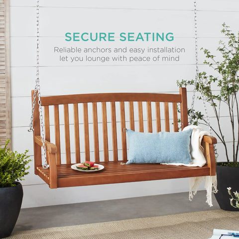 48 Inch Wood Porch Swing For Outdoor Patio Hanging Bench Chair For Deck, Garden, And Yard With Mounting Chains, Curved Back Design