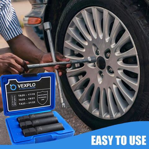 Person using Thick Wall 10 Spline Lug Nut Key Set next to car wheel, socket tool set visible in blue case, heavy-duty alloy build.
