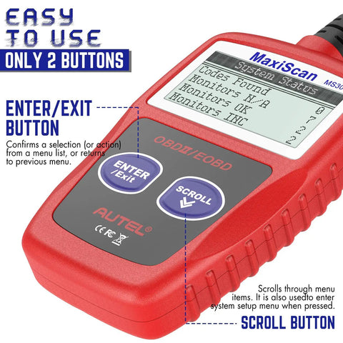 OBD2 Car Scanner With Engine Fault Codes And Emissions Status Check Engine Light Reader CAN Diagnostic Tool For 1996 And Newer OBDII Vehicles Read DTCs Fast Live Data And Vehicle Status Not For FCA Vehicles shows Enter and Scroll buttons