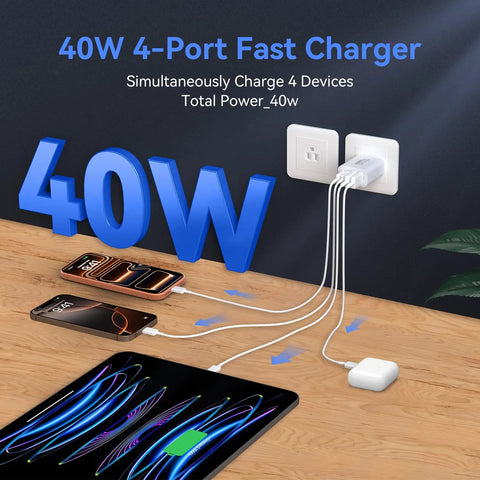 40W USB C Charger Fast Power Block With Four Ports PD Power Delivery And QC 3.0 USB C And USB A Multi Port Wall Charger Twin Pack