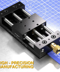 Workhorse 75mm Manual Linear Stage With Sliding Table And Rail Guide, Aluminum Alloy Frame, visible with brass adjustment knob.