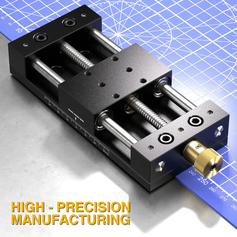 Workhorse 75mm Manual Linear Stage With Sliding Table And Rail Guide, Aluminum Alloy Frame, visible with brass adjustment knob.
