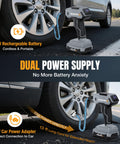 Cordless Tire Inflator Portable Air Compressor With Digital Pressure Gauge 150 PSI Fast Inflation Rechargeable Battery 12V DC Power For Cars Motorcycles Bikes And Balls A Must Have Roadside Rescue Tool. Showing inflator on car tire with power options.