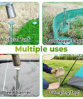 Heavy Duty 50 Pack Galvanized Landscape Stakes 10 Inch Spiral Spikes For Paver Edging Weed Barrier Outdoor Camping And Garden Projects Built Tough Rustproof With Extra Large Top 0.7 Inch Ideal For Lawn Edges Fence Lines Veggie Beds And DIY Landscaping shown in various uses, including artificial turf, landscape edge, weed barrier, and camping tent.