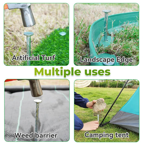 Heavy Duty 50 Pack Galvanized Landscape Stakes 10 Inch Spiral Spikes For Paver Edging Weed Barrier Outdoor Camping And Garden Projects Built Tough Rustproof With Extra Large Top 0.7 Inch Ideal For Lawn Edges Fence Lines Veggie Beds And DIY Landscaping shown in various uses, including artificial turf, landscape edge, weed barrier, and camping tent.
