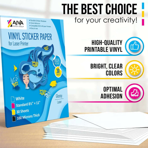 AIVA vinyl sticker paper for laser printers, glossy white, 30 self-adhesive sheets, 8.5x11 inches.