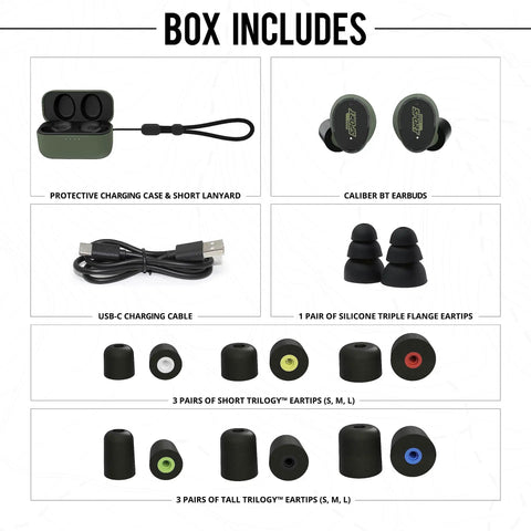 Caliber BT Wireless Shooting Ear Protection set with case, earbuds, USB-C cable, eartips for gun range Bluetooth noise reduction.
