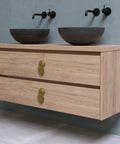 Wooden vanity with Brass Buddha Scepter Cabinet Pulls 2.4 Inch Set Of 2 For Furniture And Cabinetry Architectural Interior Design Hardware