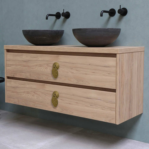 Wooden vanity with Brass Buddha Scepter Cabinet Pulls 2.4 Inch Set Of 2 For Furniture And Cabinetry Architectural Interior Design Hardware