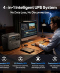 Man using computer with Elite 200 V2 Portable Power Station With 2073.6Wh LFP Battery, office setting, lightning outside window