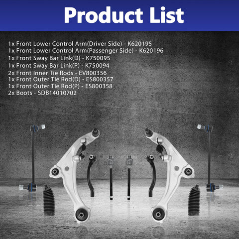 HAWK BROTHER 10‑pc front suspension kit for Altima; silver front lower control arms, tie rods, sway bar links, boots