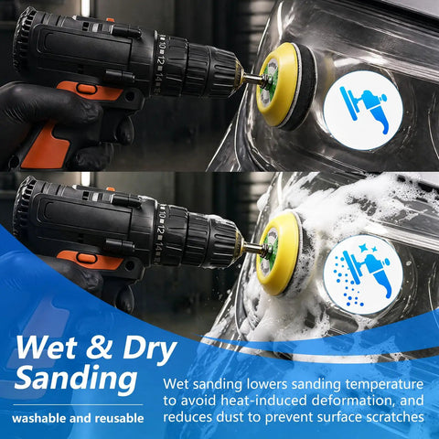 Headlight Restoration Kit That Brings Dull Lights Back To Life With A 143 Piece Set 2 Inch Wet Dry Sanding Kit in use with drill