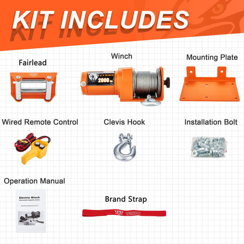 Kit components of Beefy 2000 Lb ATV UTV Electric Winch Kit With 12V Motor Steel Cable Wired Remote Mounting Bolt Pattern IP67 Waterproof Portable Towing Winch For Tough Trails