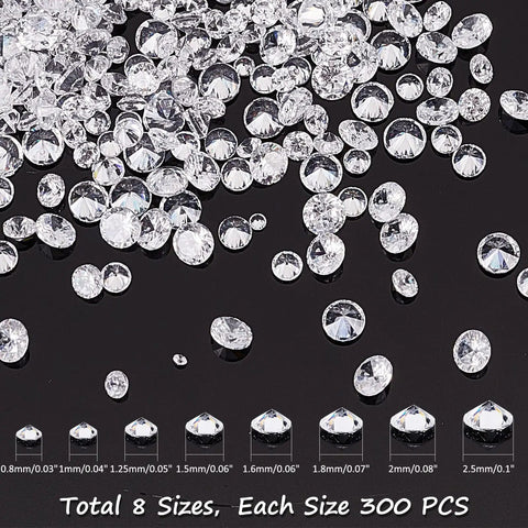 Loose CZ Diamond Stones Kit 2400 Clear Cubic Zirconia Rhinestones In 8 Sizes From 0.8mm To 2.5mm Glass Pointed-Back Faceted Cabochons