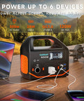 Portable Power Station 300W 266Wh Solar Generator with 7-output hub powering devices outdoors.