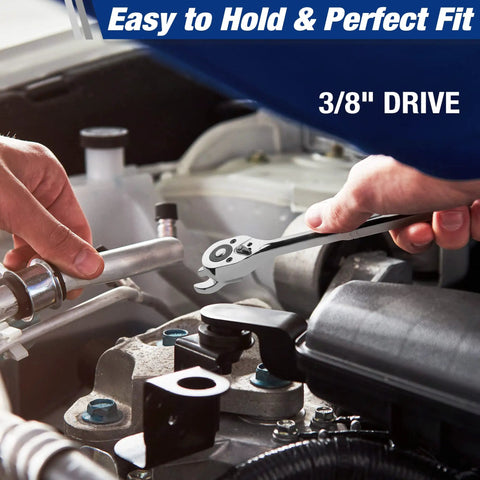 Beefy Three Eighths Inch Drive Crowfoot Wrench Set, Ten Piece SAE Auto Tool Kit Wrenches, Heavy Duty Carbon Steel, Heat Treated, Chrome Plated, Laser Marked, Range From Three Eighths To One Inch, 3/8 drive on engine bolt