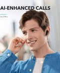 True Wireless Earbuds Pack Straight Fire Deep Bass And 30 Hour Playtime With Customizable App Controls Ergonomic Fit For Commutes Gym Sessions Or Chill Vibes Crisp Audio Output Guaranteed Daily, worn by smiling man with 2 mics for clear calls.