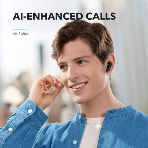 True Wireless Earbuds Pack Straight Fire Deep Bass And 30 Hour Playtime With Customizable App Controls Ergonomic Fit For Commutes Gym Sessions Or Chill Vibes Crisp Audio Output Guaranteed Daily, worn by smiling man with 2 mics for clear calls.