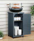Must Have Outdoor Storage Cabinet And Potting Bench With Metal Top Shelves For Patio Garden, anthracite grey cabinet with open door showing shelves, BBQ grill on top.