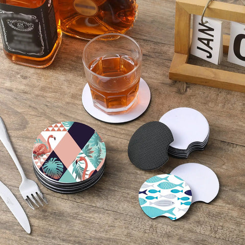 100 Piece Sublimation Blank Cup Coaster Set Bulk Neoprene Mats For Sublimation Transfer Heat Press Printing DIY Crafts 3.93 Inch Square Non Slip Bottom Durable displayed on wooden table with glass and bottle