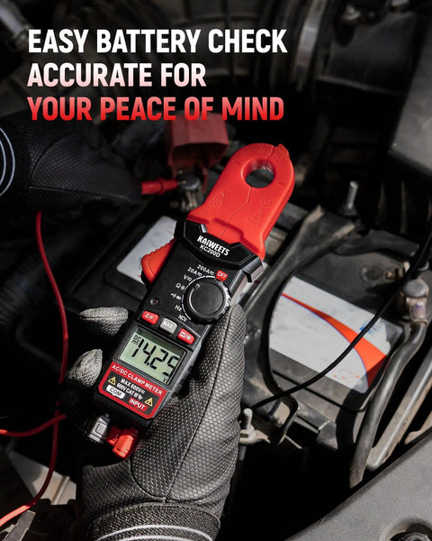 Gloved hand holding Round Jaw Digital Clamp Meter With NCV And 2000 Counts for checking car battery.