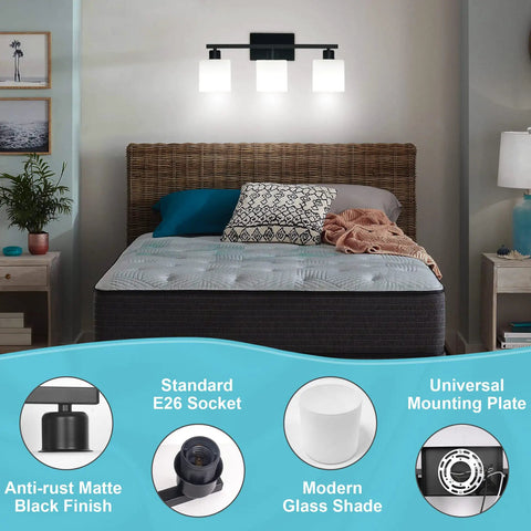 Three Light Matte Black Vanity Light Fixture Over Mirror With Milky White Glass Shades in bedroom setting