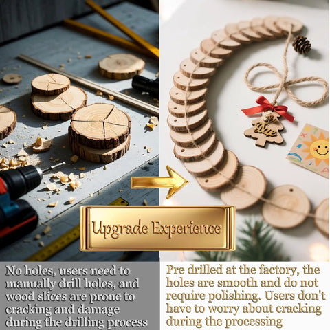 Comparison of wood slices without holes and Ready To Hang Wood Slices Craft Kit With 20 Natural Pine Discs And 8M Hemp Rope Pre-Drilled