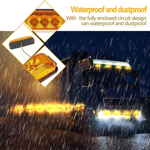 20 Pcs 3.9 Inch 3 LED Amber Trailer Marker Lights Waterproof Side Marker Light Rectangle Signal Running Lights for Truck Boat RV Exterior Accessories with 40 Screws for Easy Install. Amber lights on truck in rain.