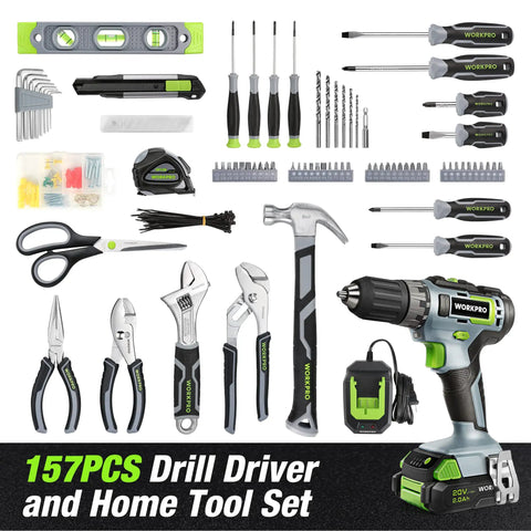 20V Cordless Drill Driver Set With 157 Piece Home Tool Kit Including Drill Bits Sockets And Screwdrivers Plus A 14 Inch Wide Mouth Storage Bag For Easy Home Repairs Green Great For Home Projects And Quick Repairs displayed in a grid layout with each tool highlighted for easy identification