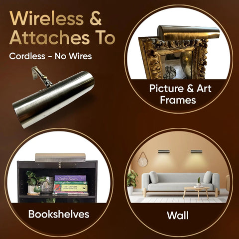 Cordless Led Picture Light with Remote Control 11 And A Half Inch Antique Brass with Silver Undertones displayed on frames and walls