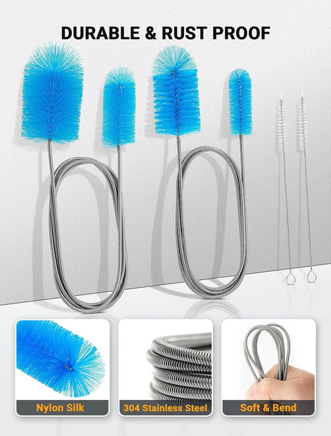 66 Inch Drain Cleaning Brush Set For Pipes And Sewers, Flexible Long Cleaner Tool With Dual Head Brushes, 5 Size Heads For Tight Corners, Heavy Duty Tube Cleaner Kit For Home, Kitchen, And DIY Plumbing. Nylon bristles, 304 stainless steel