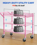 Built Tough Pink Rolling Cart Three Tier Heavy Duty Metal Utility Shelf With Smooth Rollin Wheels And Easy Grip Handle NSF Certified 990 Pound Hauler measuring 32.6 inches high and 30 inches wide.