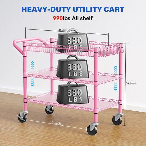 Built Tough Pink Rolling Cart Three Tier Heavy Duty Metal Utility Shelf With Smooth Rollin Wheels And Easy Grip Handle NSF Certified 990 Pound Hauler measuring 32.6 inches high and 30 inches wide.