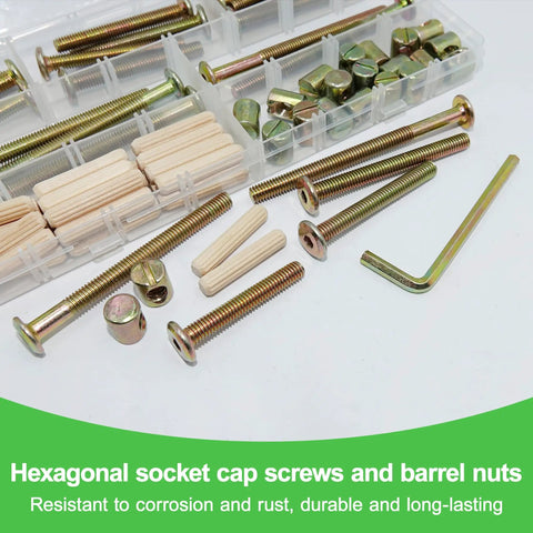 Crib Hardware Replacement Kit With Bed Frame Bolts, Nuts, Wooden Dowel Pins And Barrel Nuts, Hex Socket Cap Screws For Beds And Headboards, M6x40 50 60 70 80mm, Wrench Included, Heavy Duty Carbon Steel DIY Furniture Repair Kit; screws, dowel pins, barrel nuts